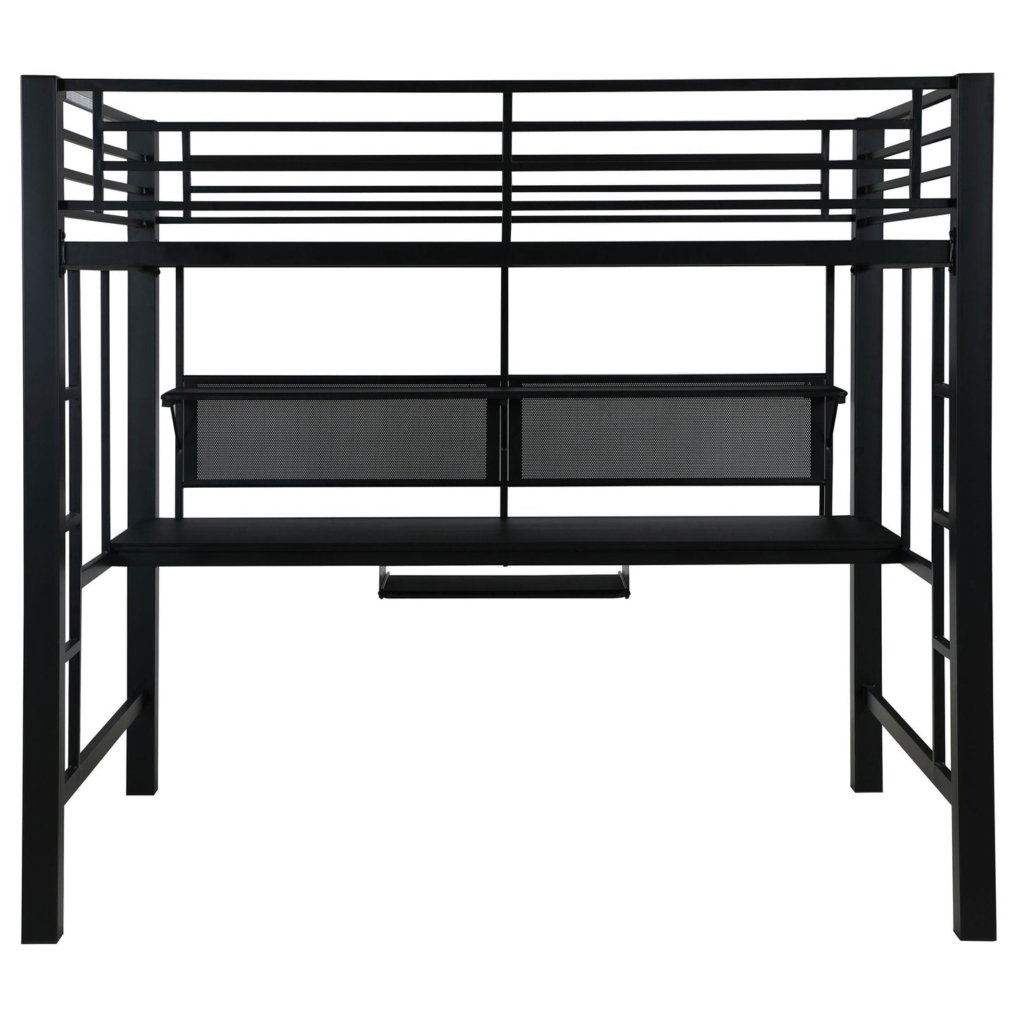 Ranier - Full Workstation Loft Bed, Full Length Desk, Safety Rails And Storage Shelves - Black