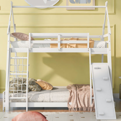 Georgiana - Twin Over Queen House Bunk Bed With Climbing Nets And Climbing Ramp