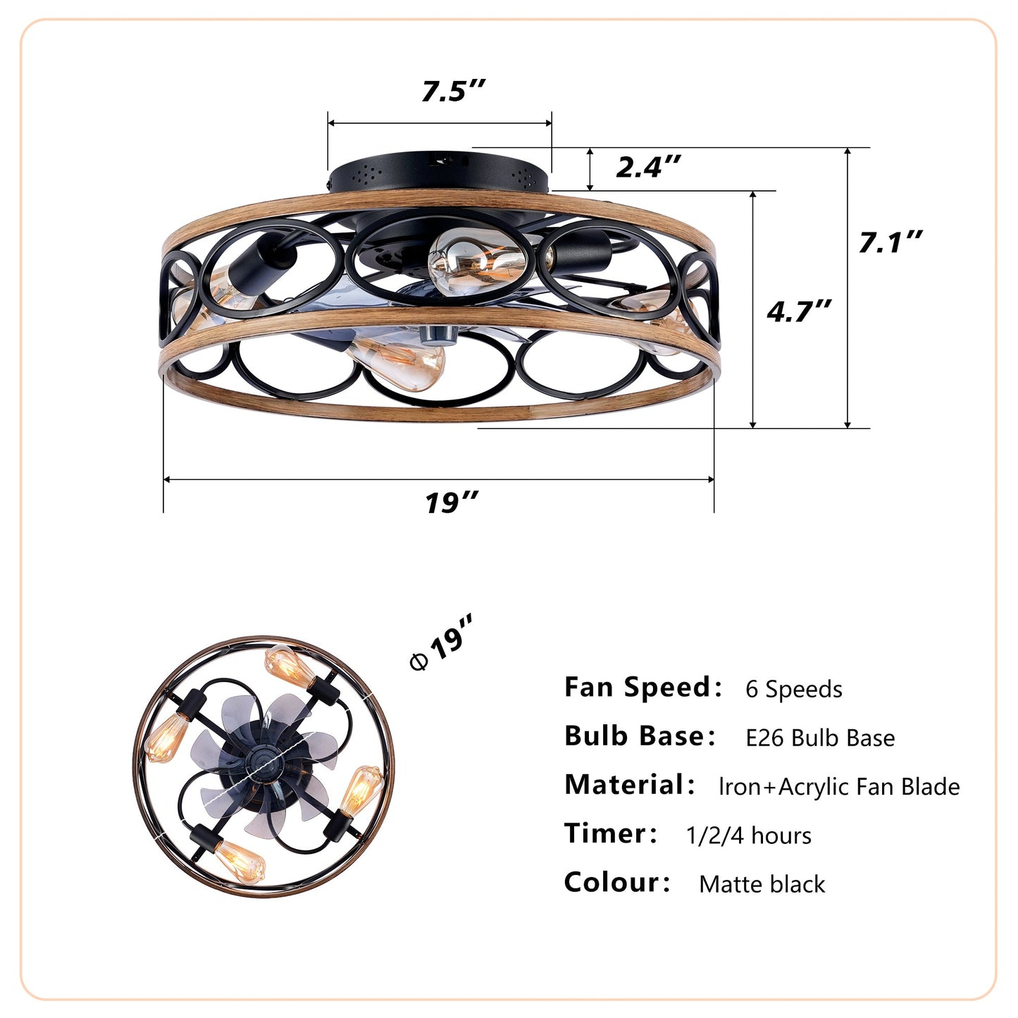 19-Inch 7-Blade Caged Flush Mount Ceiling Fan with Remote Control
