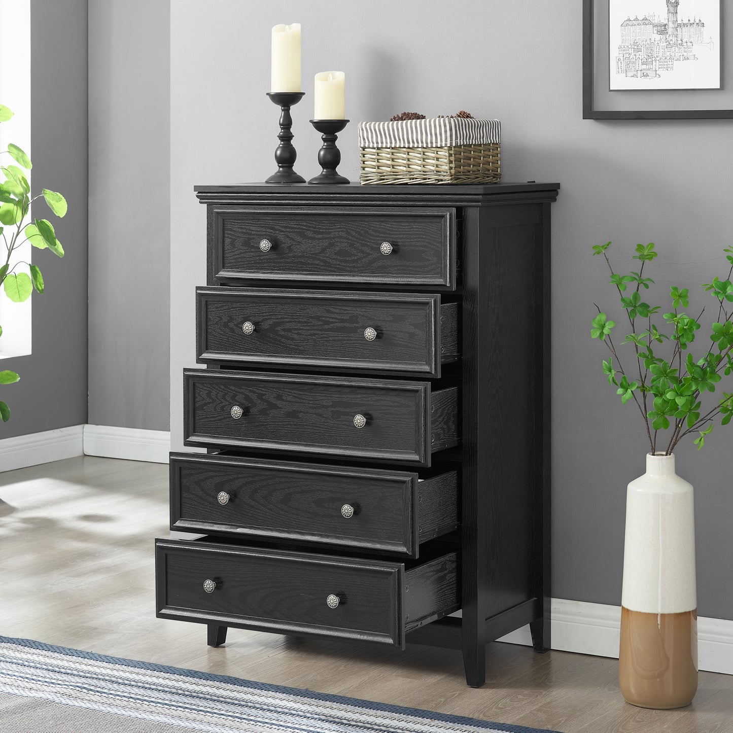 Modern 5-Drawer Black Dresser for Living Room Storage