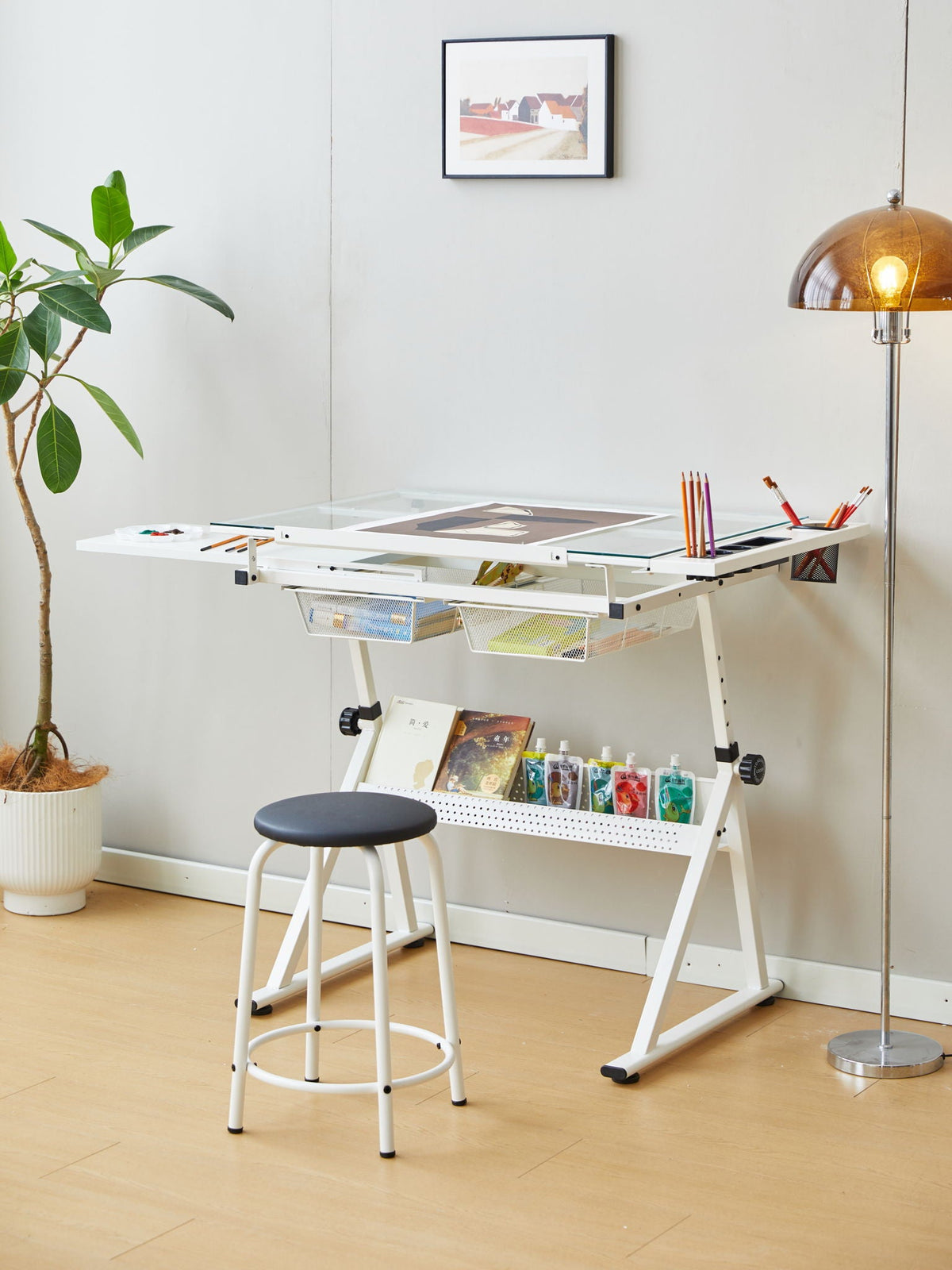Adjustable Tempered Glass Drafting Printing Table With Chair