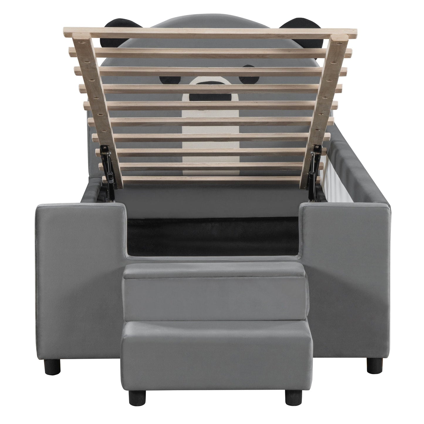 Upholstered Daybed With Bear Shaped Headboard, Hydraulic System And Breathable Fence