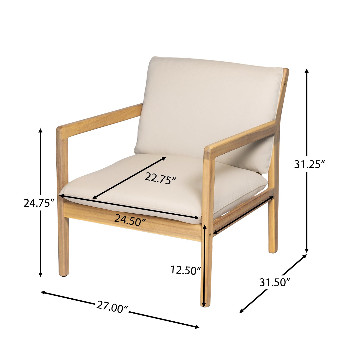 Outdoor Acacia Wood Armchair, Set of 2, Patio Club Chair with Cushions, Light Teak