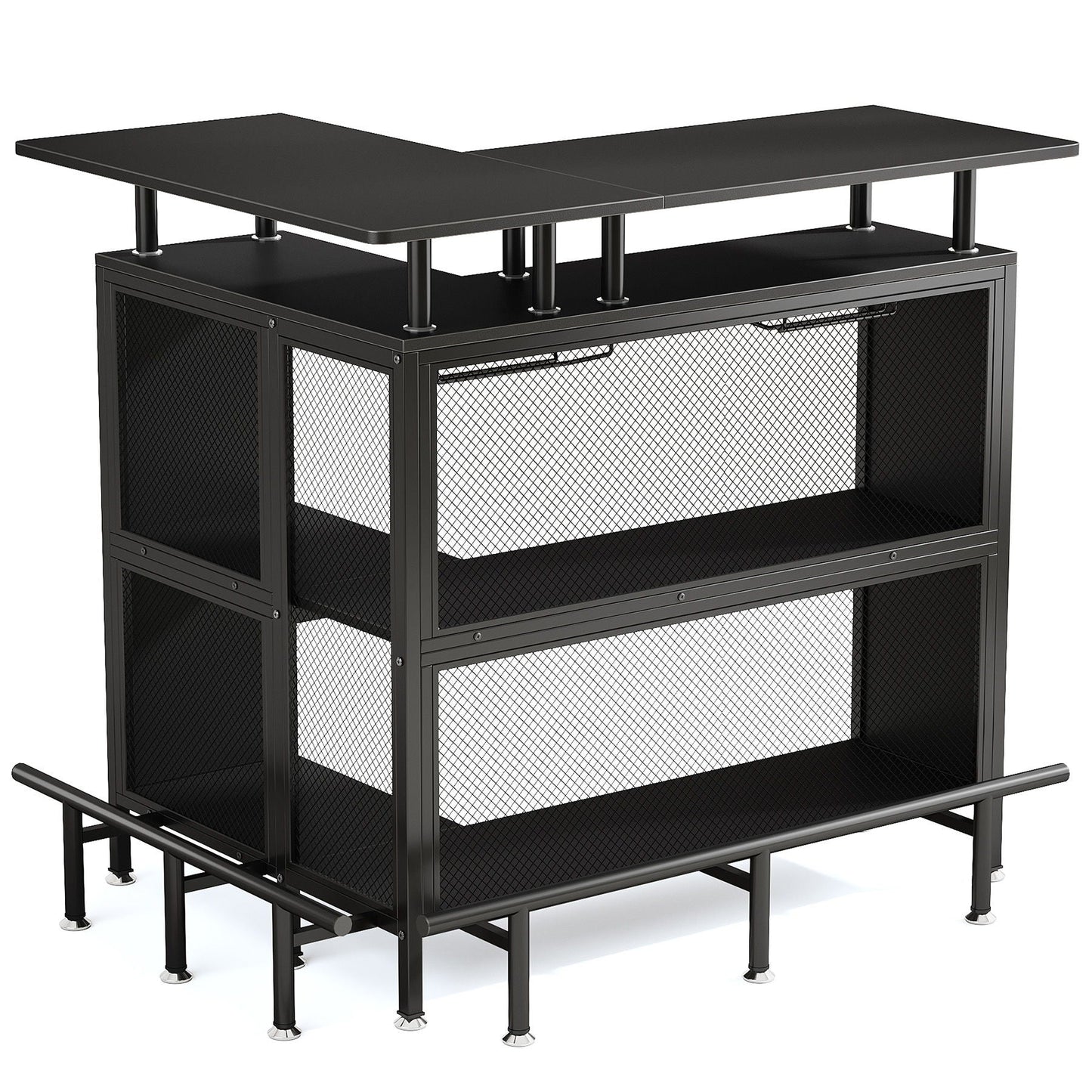L Shaped Home Mini Bar Table With 2 Tier Shelves & Glass Racks - Black