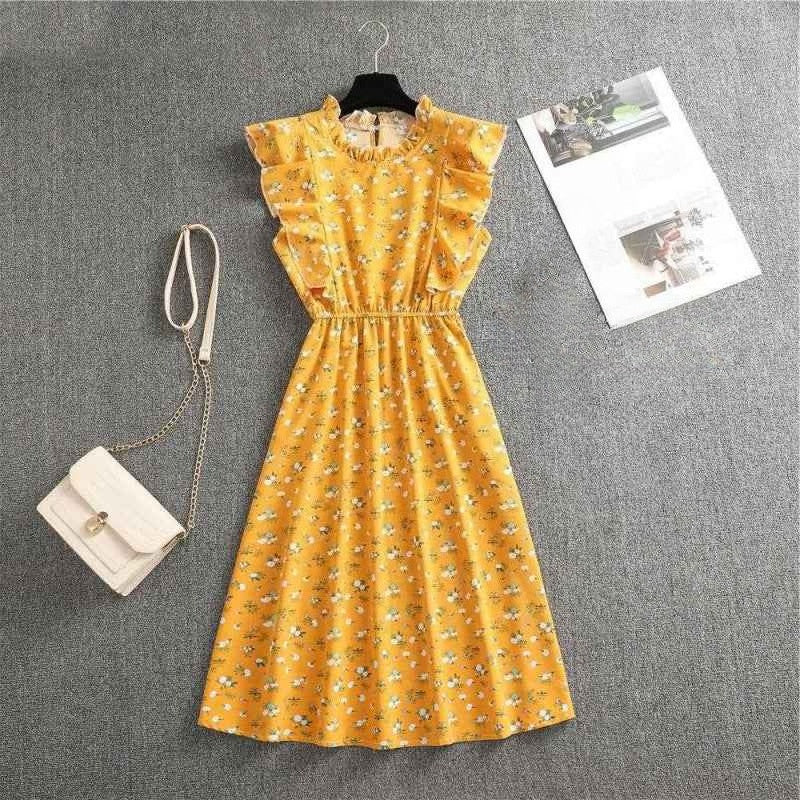 Polka Dot Chiffon Skirt Loose Versatile Temperament Medium Skirt Dot Print Butterfly Sleeve Ruffles dress
