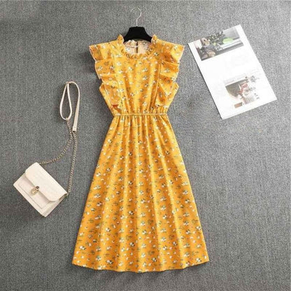 Polka Dot Chiffon Skirt Loose Versatile Temperament Medium Skirt Dot Print Butterfly Sleeve Ruffles dress