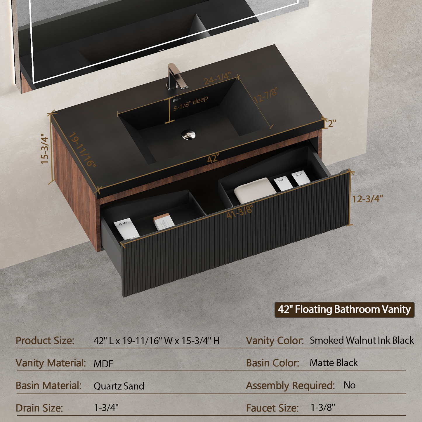 42" Floating Bathroom Vanity with Sink and Striped Storage Cabinet
