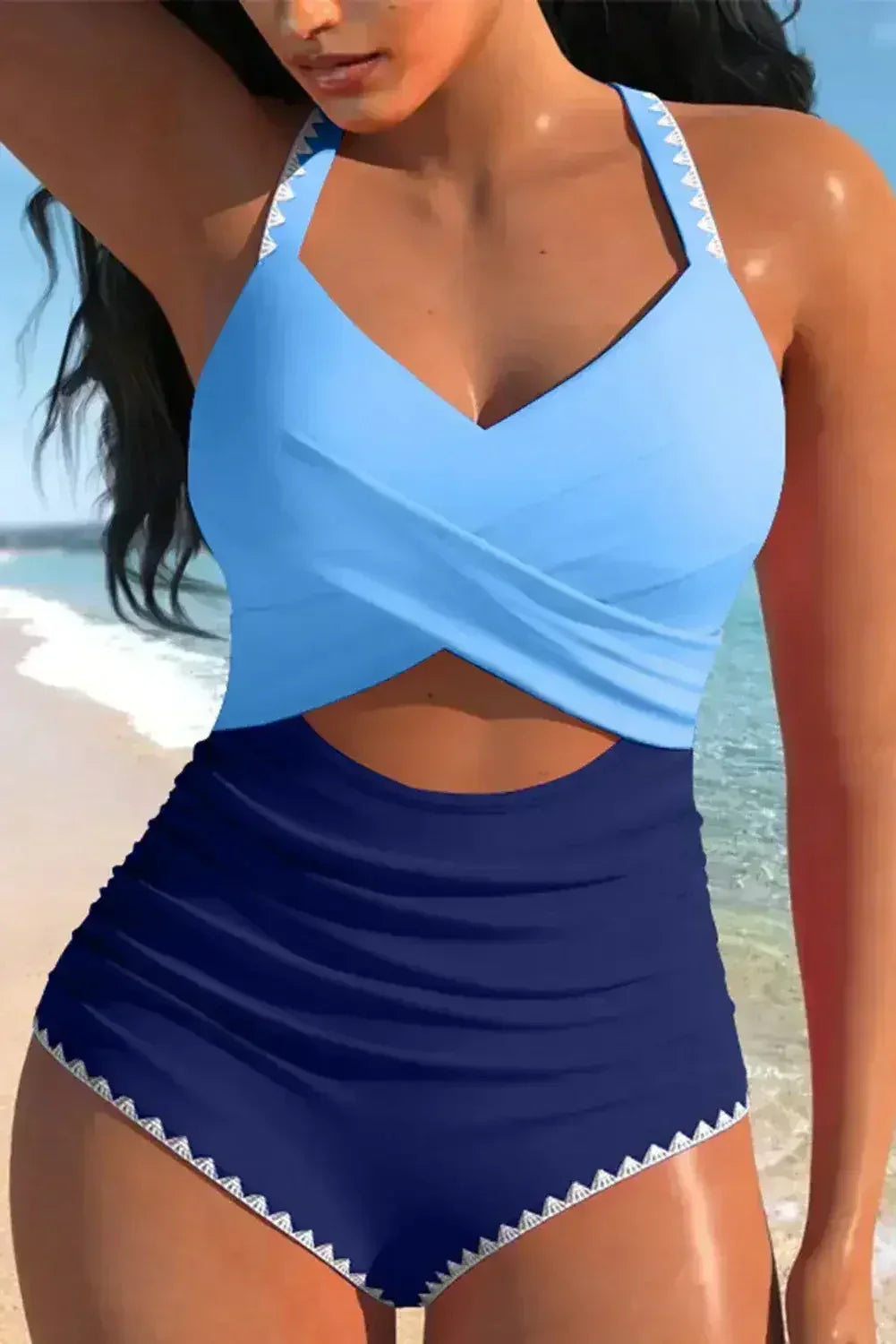 Rose Red Ric Rac Trim Colorblock Cutout One Piece Swimsuit
