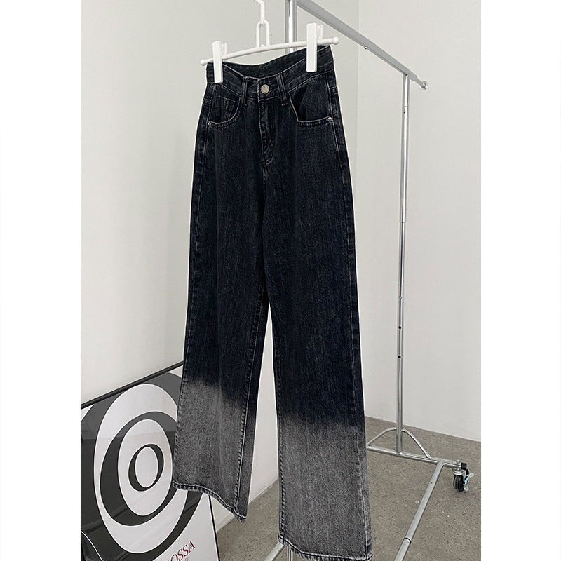 Gradient High Waist Washed Dark Skinny Washed Straight Jeans Trousers Women