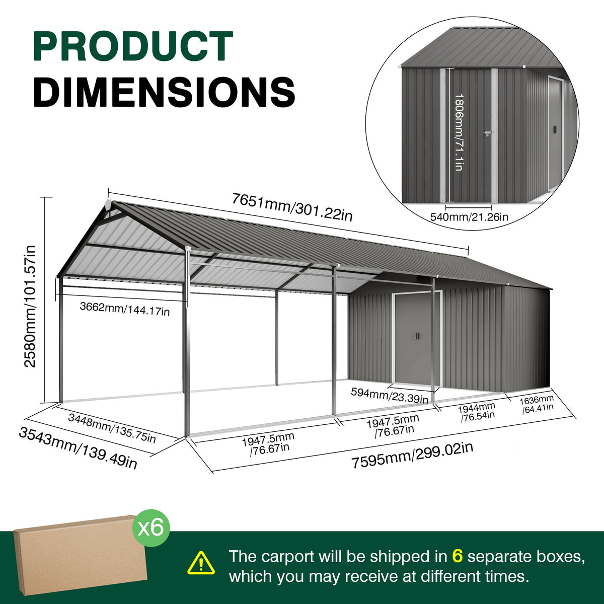 12x25 FT Galvanized Steel Carport with Shelter and Shed