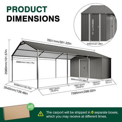 12x25 FT Galvanized Steel Carport with Shelter and Shed