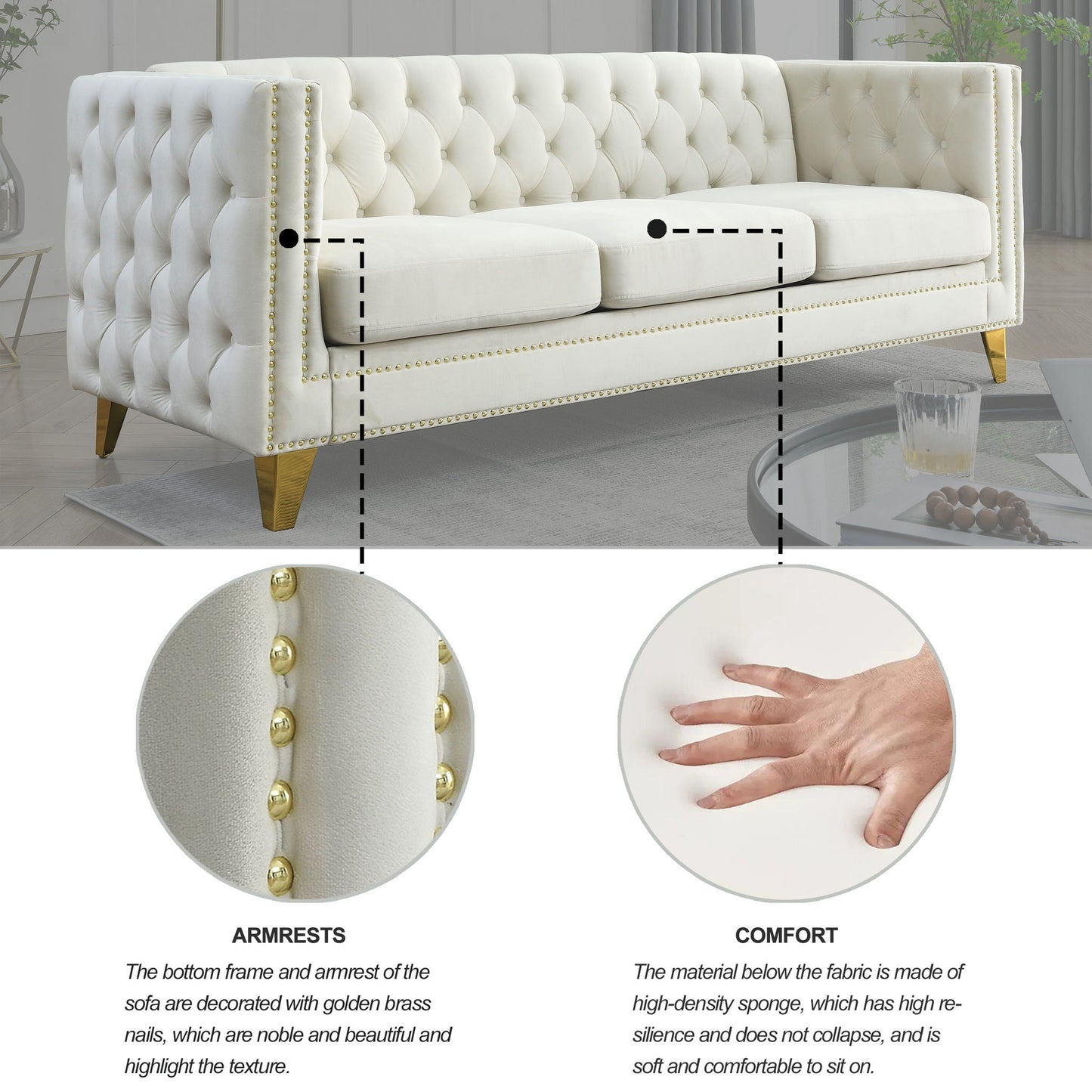 Upholstered Couch Sofa With Button Tufting For Living Room