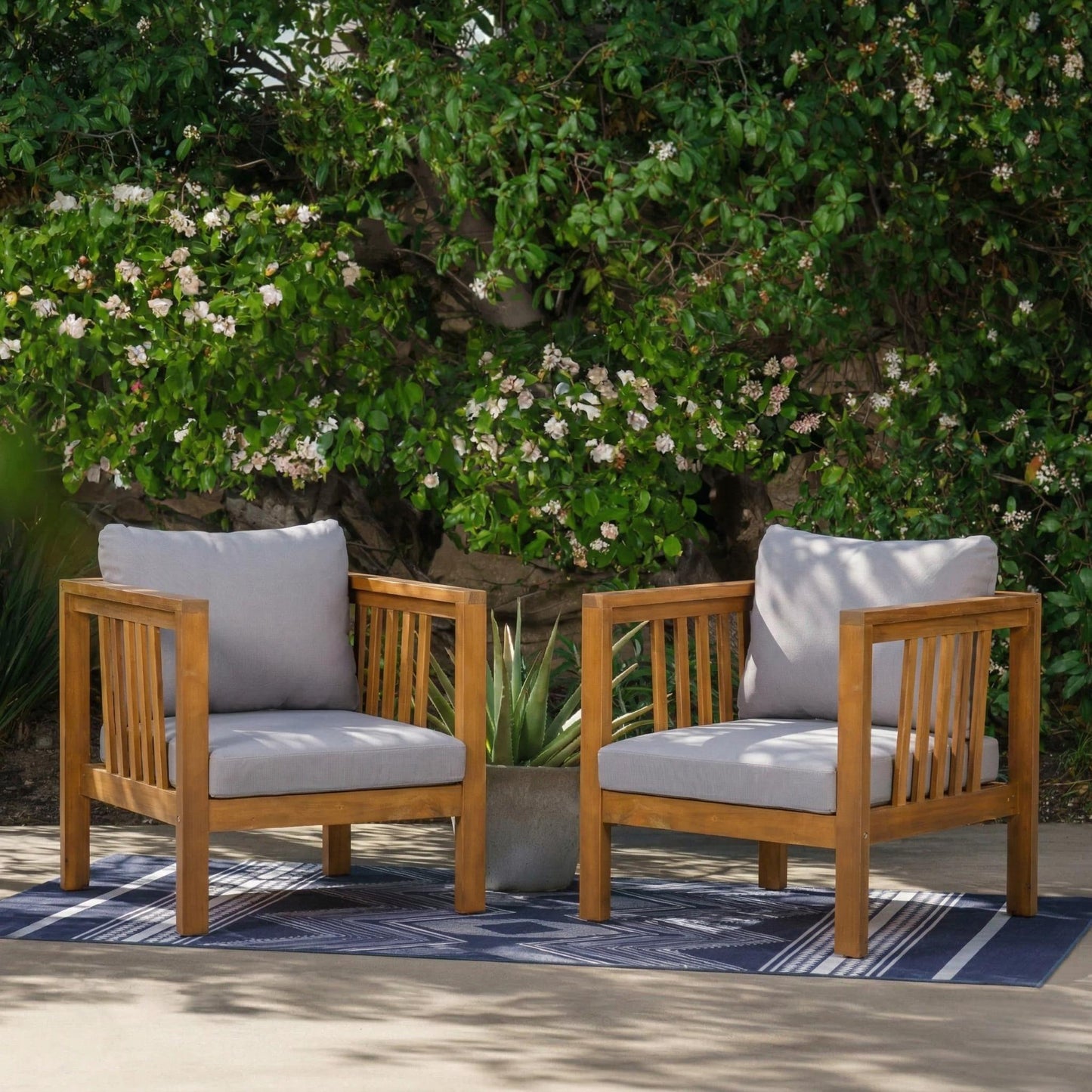 Set of 2 Outdoor Acacia Wood Club Chairs with Modern Square Arms