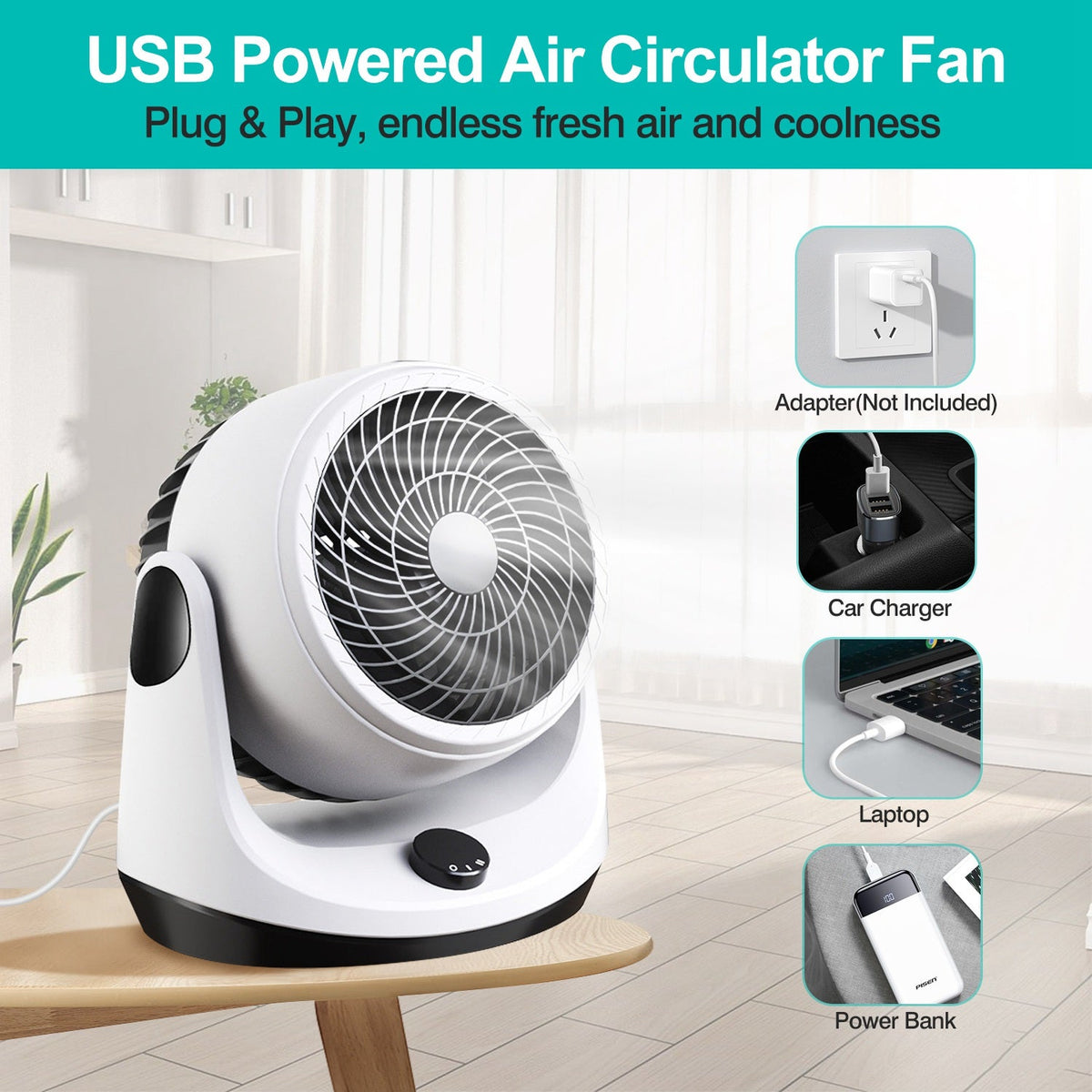 Table Desktop Fan Air Circulator Office Fan with 2 Speeds 270¡ Adjustable Head USB Plug Play for Room Office Kitchen Office