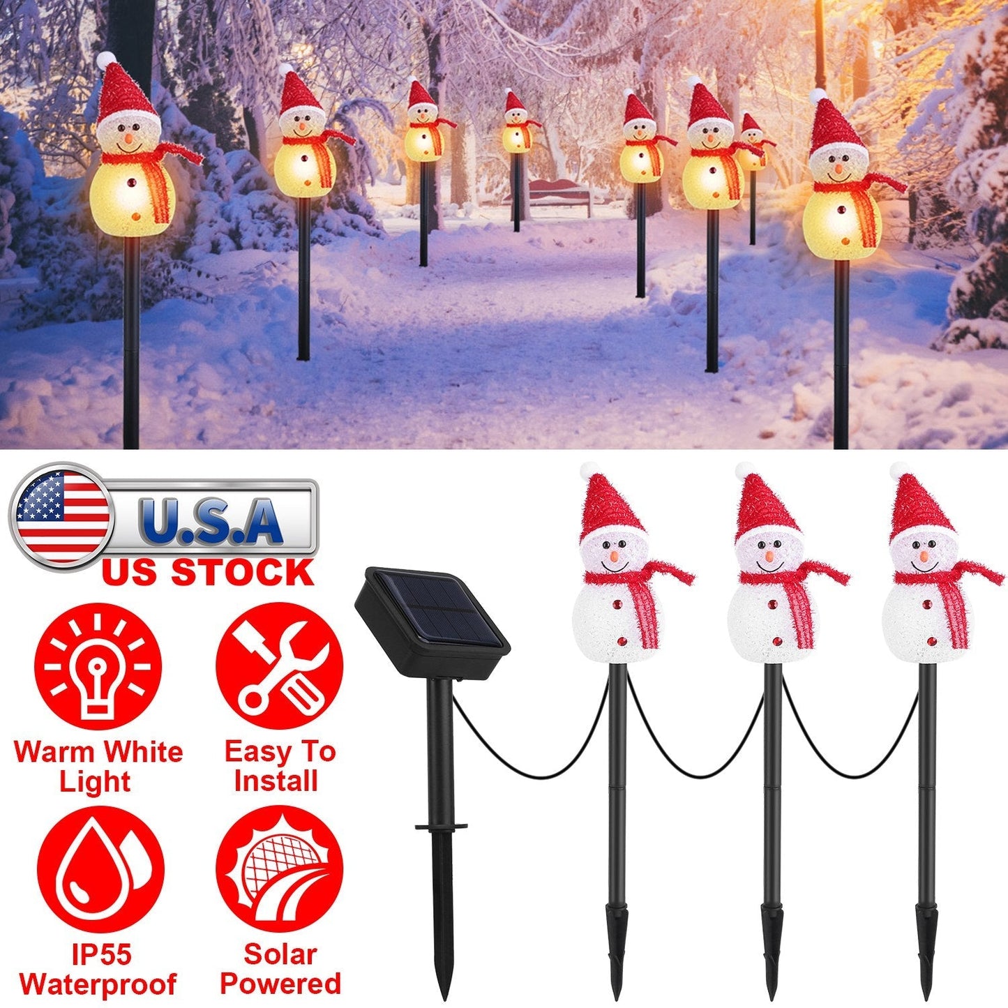 1Pc Solar Powered Lamp 3 Snowmen Outdoor Decorative Christmas Lamp Garden Stake Light IP55 Waterproof Santa Landscape Light Warm White LED Lighting Pa