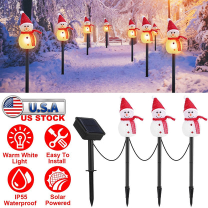 1Pc Solar Powered Lamp 3 Snowmen Outdoor Decorative Christmas Lamp Garden Stake Light IP55 Waterproof Santa Landscape Light Warm White LED Lighting Pa