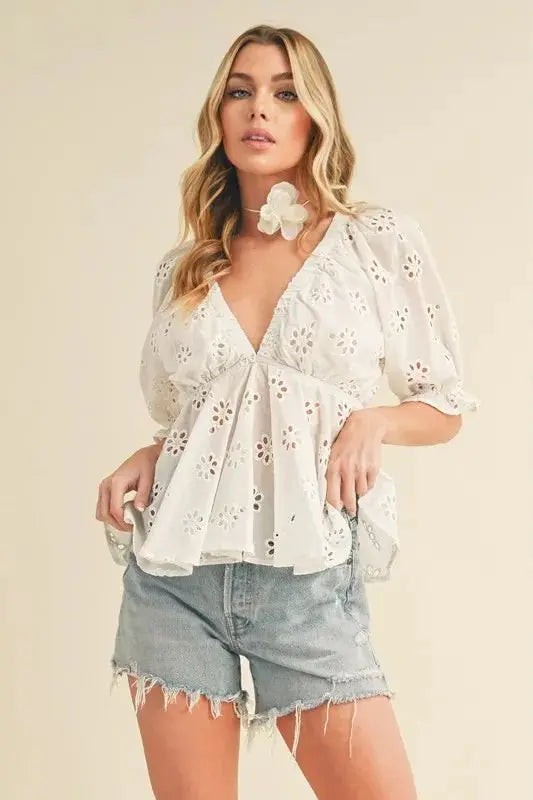 Trendsi Aemi + Co Eyelet Embroidered V-Neck Peplum Blouse - Apparel & Accessories