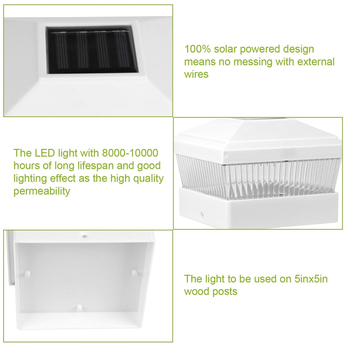 Solar Post Lights Garden Post Cap Light Solar LED Night Light White LED Lighting for 5x5 Inch Wood Post Fence Deck Patio-White