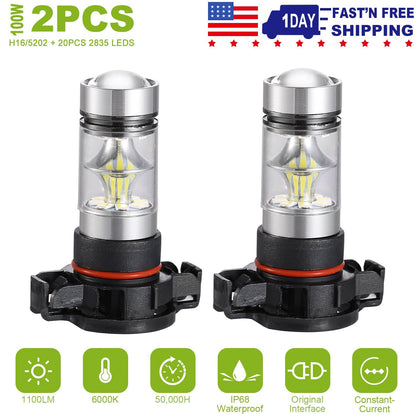 2PCS 1100LM 100W 5202 H16 LED Fog DRL Light Bulb IP68 Waterproof 20 2835 LEDs 360¡ Beam Angle 6000K White