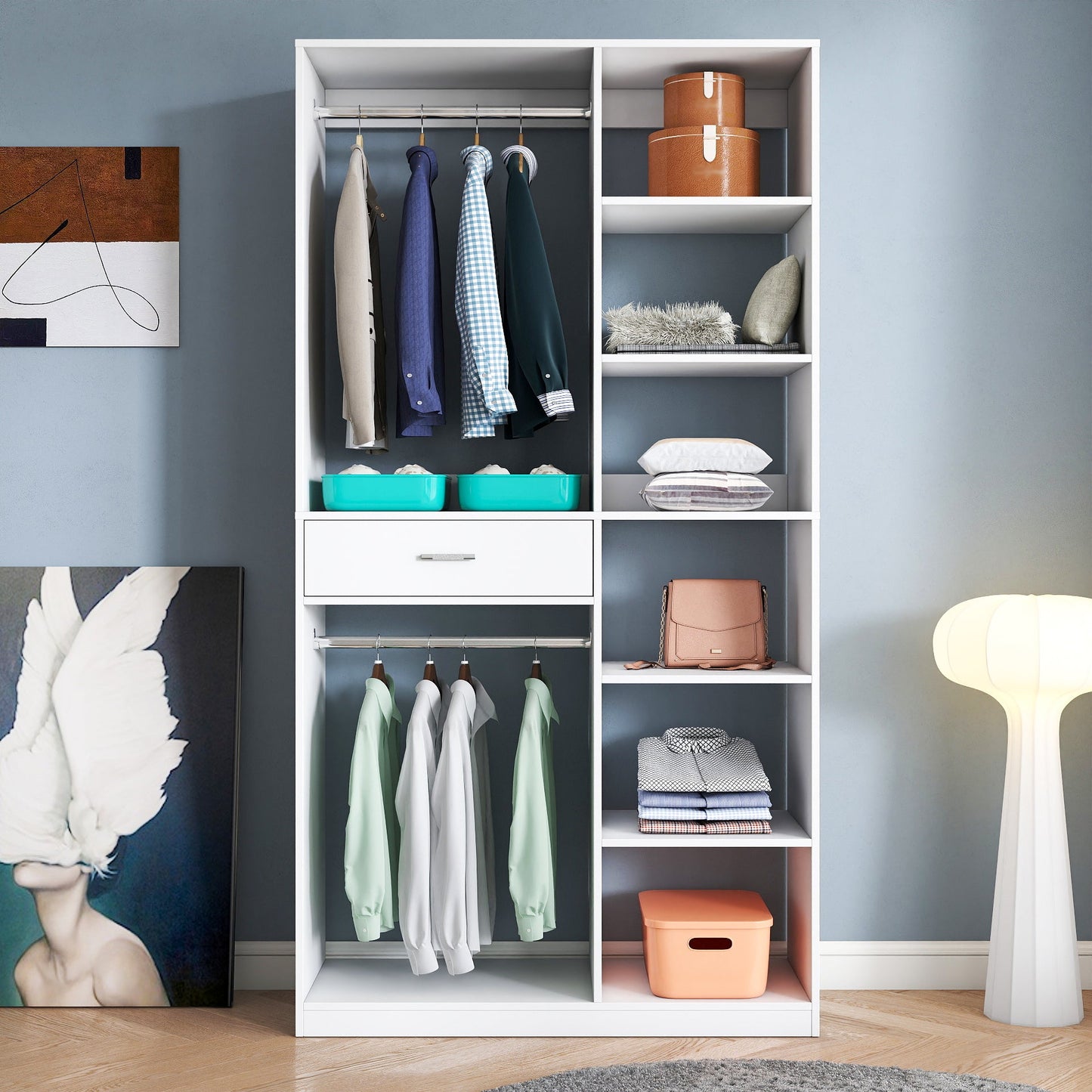 Freestanding Closet System with 6 Open Shelves and 2 Hanging Rods