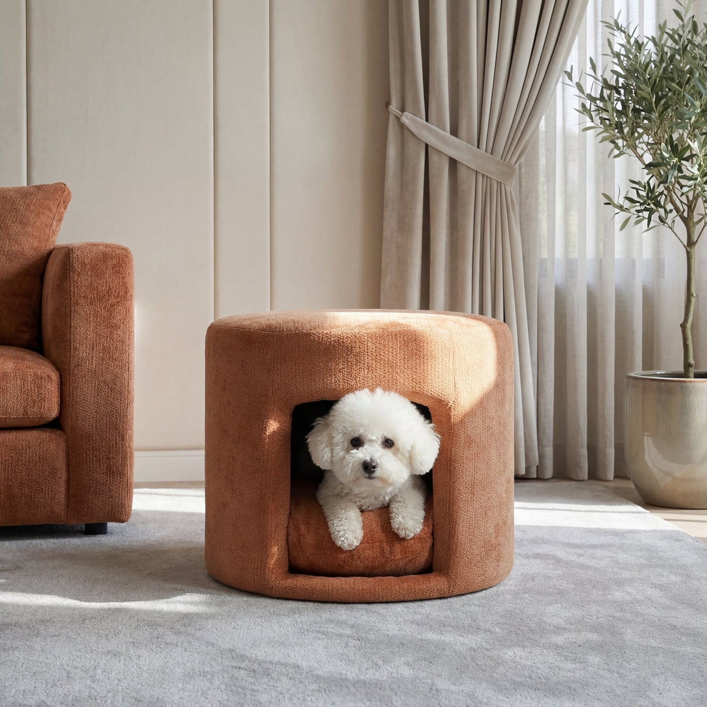 Orange Pet Friendly Ottoman with Removable Pet Cushion and Hidden Pet Nook