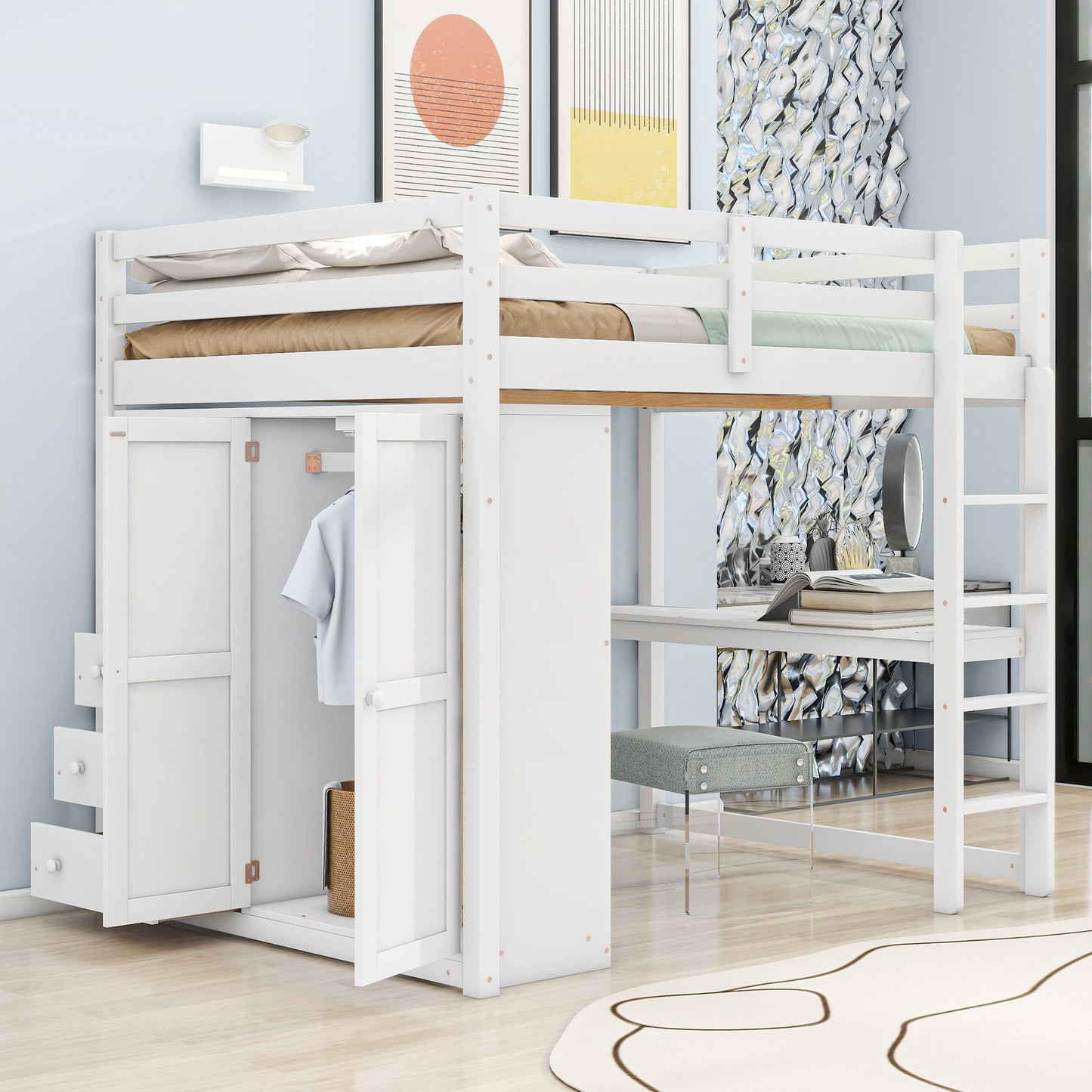 Loft Bed With Built In Wardrobe, Shelves And Drawers