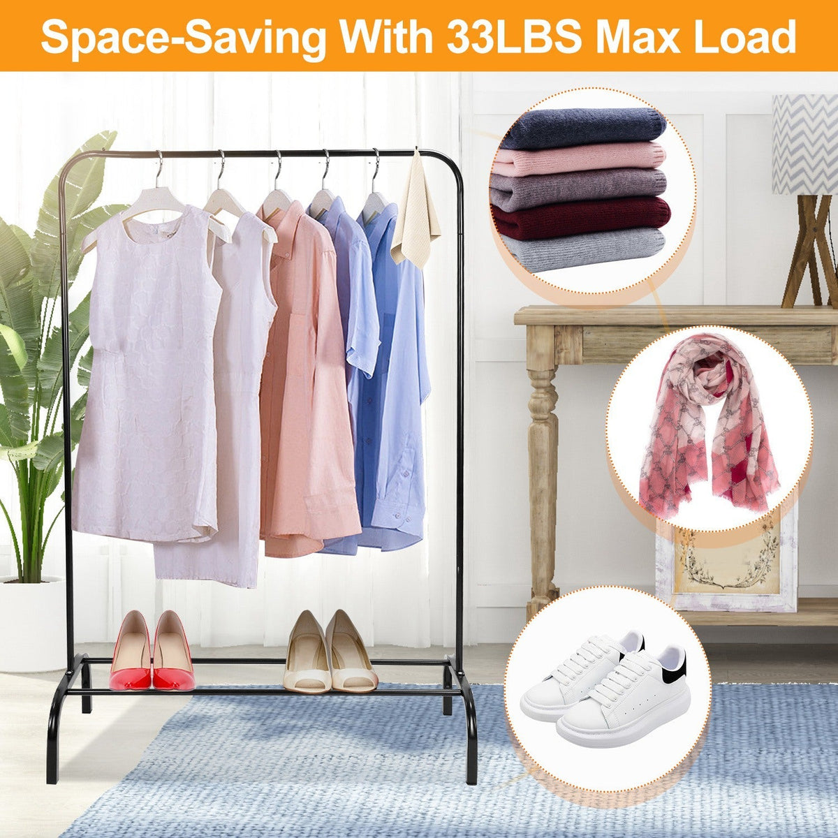 33lbs Loading Garment Racks Freestanding Clothing Racks Clothes Rack Stands Organizer with Bottom Shelf for Dormitory Home