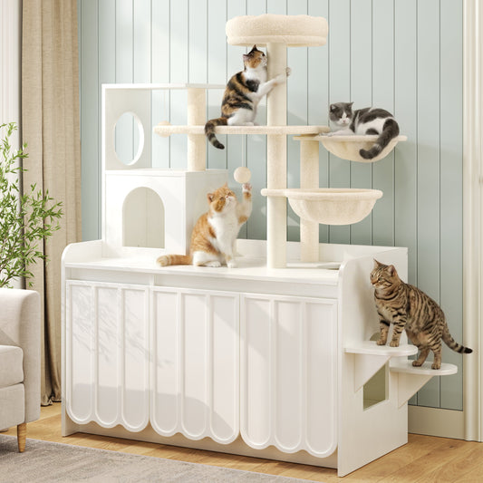 50.6" Cat Tree with Litter Box Enclosure, Sisal Scratching Post & Storage