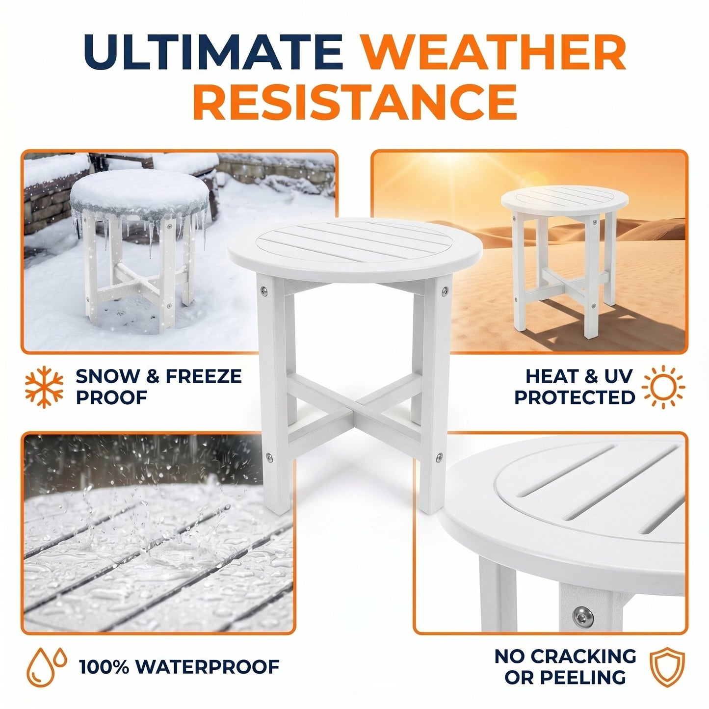 White HDPE Outdoor Side Table, 16 in. Round All-Weather Patio End Table
