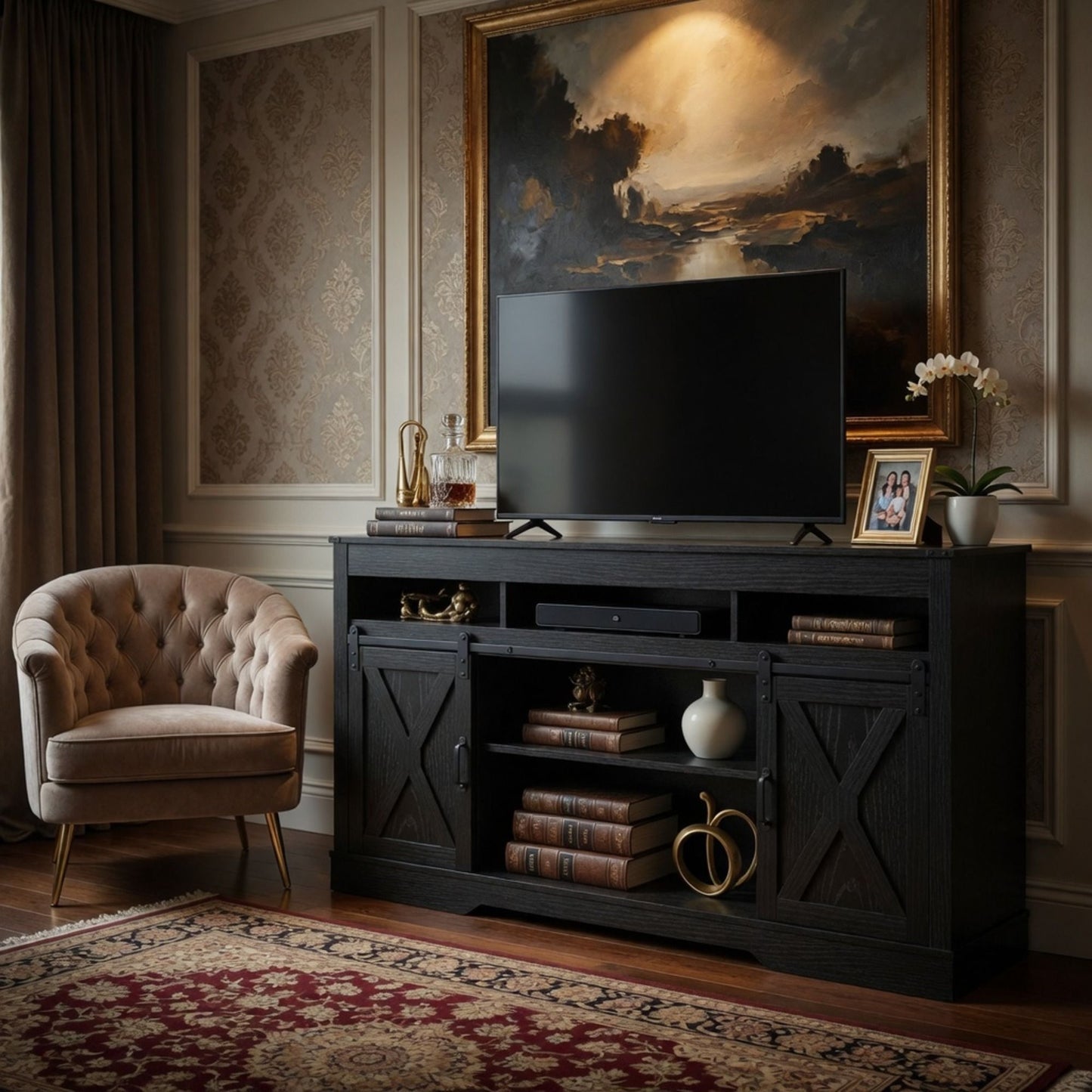 Farmhouse TV Stand With Sliding Barn Doors & Adjustable Storage