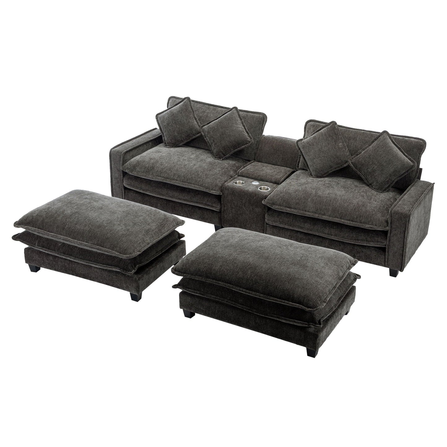 Modern Sectional Sofa With Removable Ottomans, USB Ports