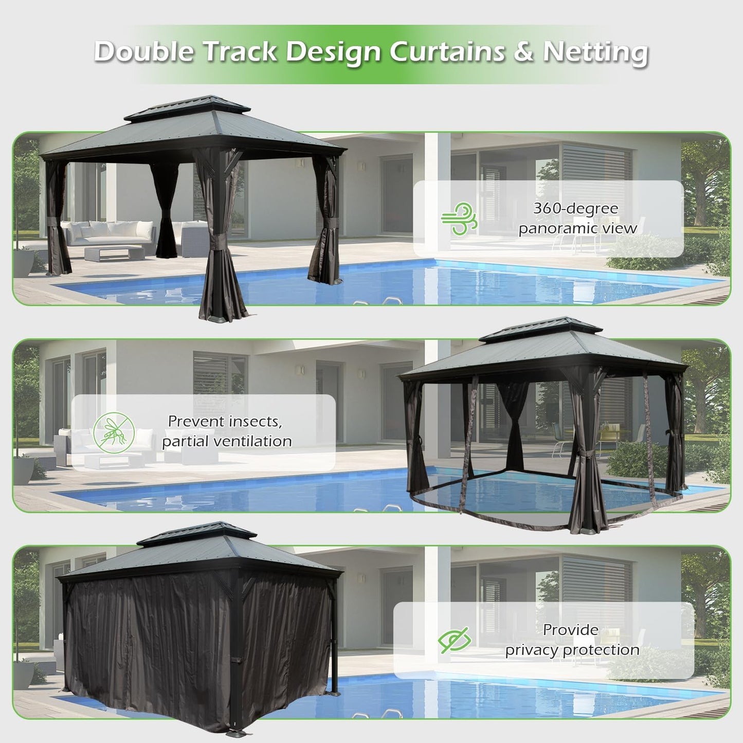 12'x14' Hardtop Gazebo with Resin Roof and Drainage Gutters