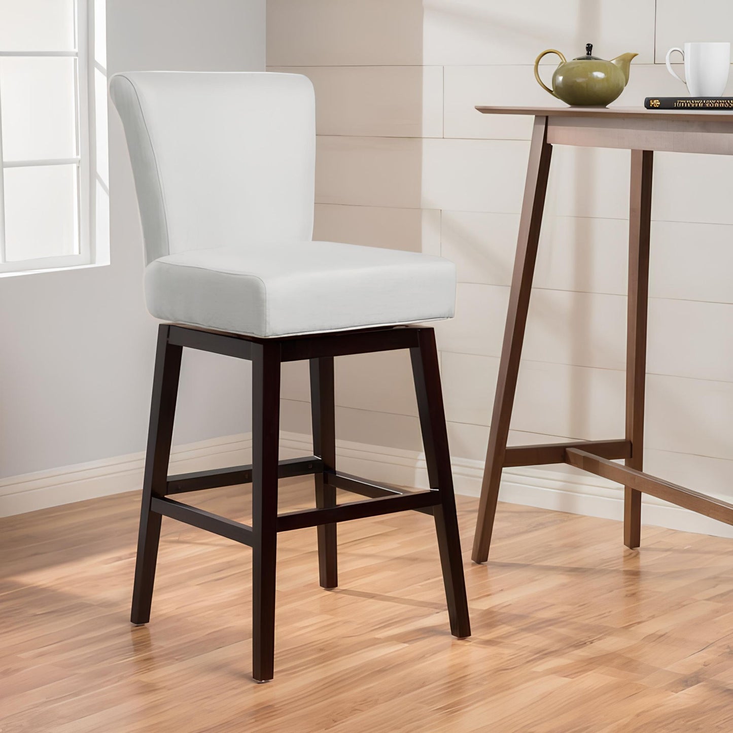 Quicksilvered Upholstered Swivel Counter Stool With Wood Legs - Beige