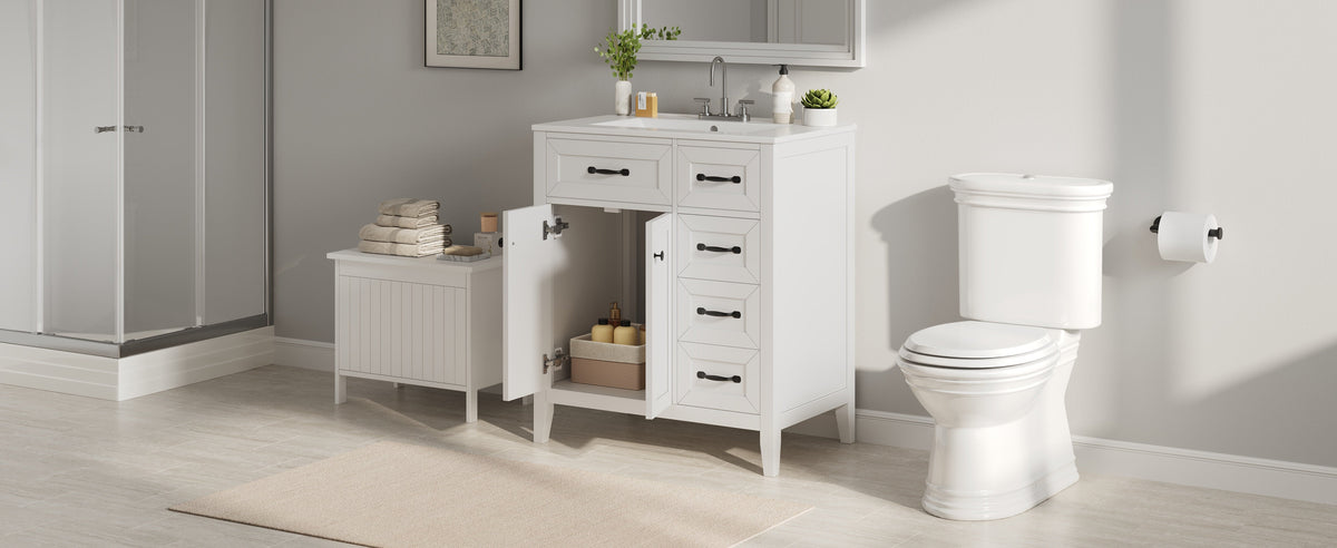 30" White Bathroom Vanity with Ceramic Sink