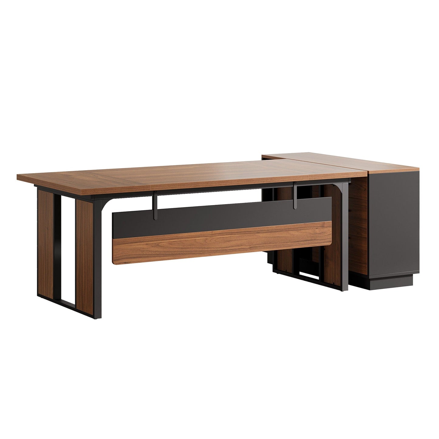L-Shaped Executive Desk With File Cabinet, Office Computer Desk With Drawers & Open Shelves, Workstation For Home Office - Brown / Black