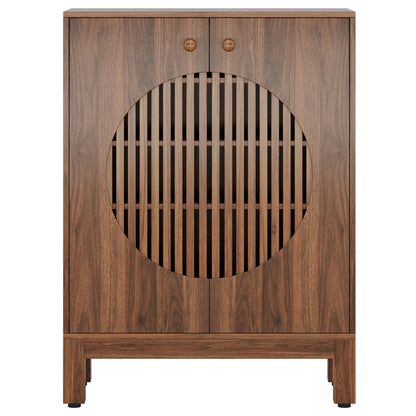 5 Tier Shoe Cabinet With Round Louvered Doors, Storage Organizer - Brown