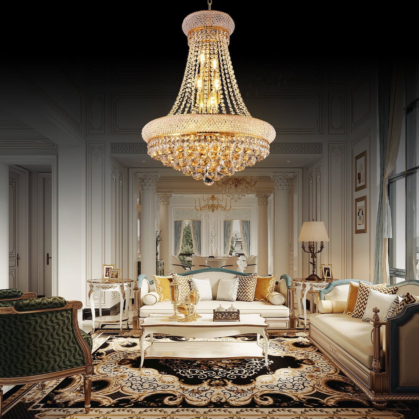 24-Inch Gold Crystal Chandelier, 12-Light French Empire Style Ceiling Light