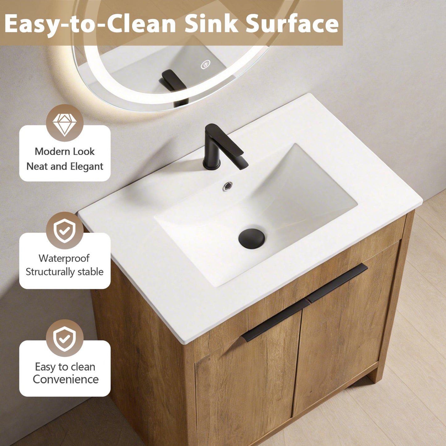 30inch Floor-Standing Bathroom Vanity with 3D Grooved Panel and Integrated Ceramic Sink