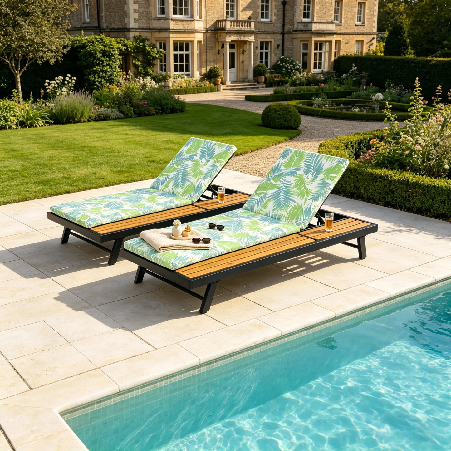 Black Iron + Teak Finish Outdoor Chaise Lounge Set with Leaf Coconut Cushion