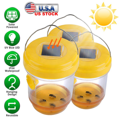 3Pack Solar Wasp Traps Outdoor Hanging Insect Catchers with UV Light for Paper Wasps Yellow Jackets Small Hornets Fruit Flies House Flies