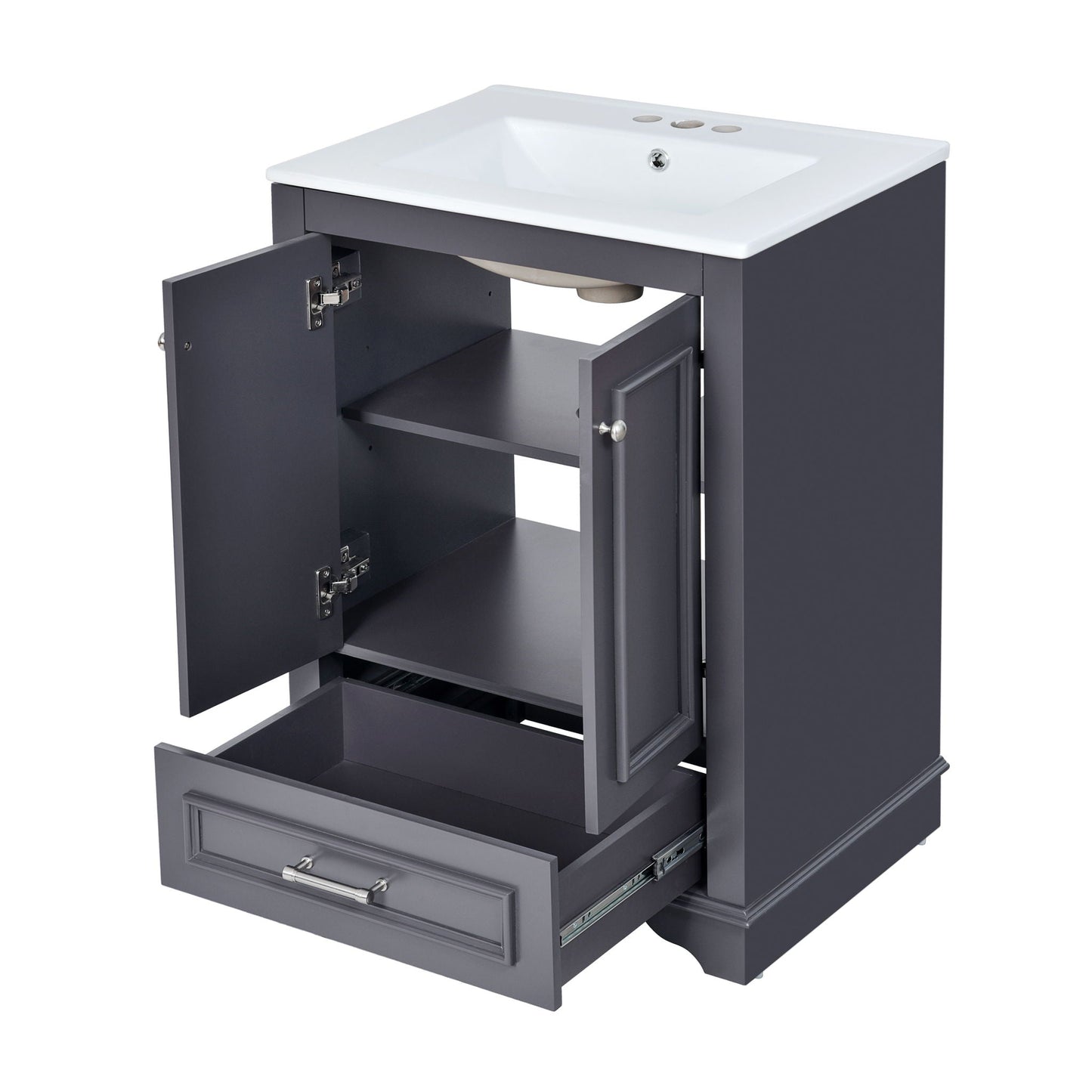 Bathroom Vanity With Ceramic Sink Combo, Modern Freestanding Storage Cabinet With Silver Handles