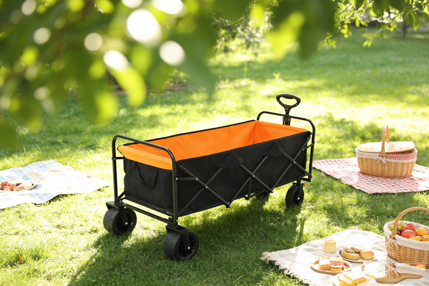 Big Large Capacity Folding Wagon Cart with Extender (Black + Orange)