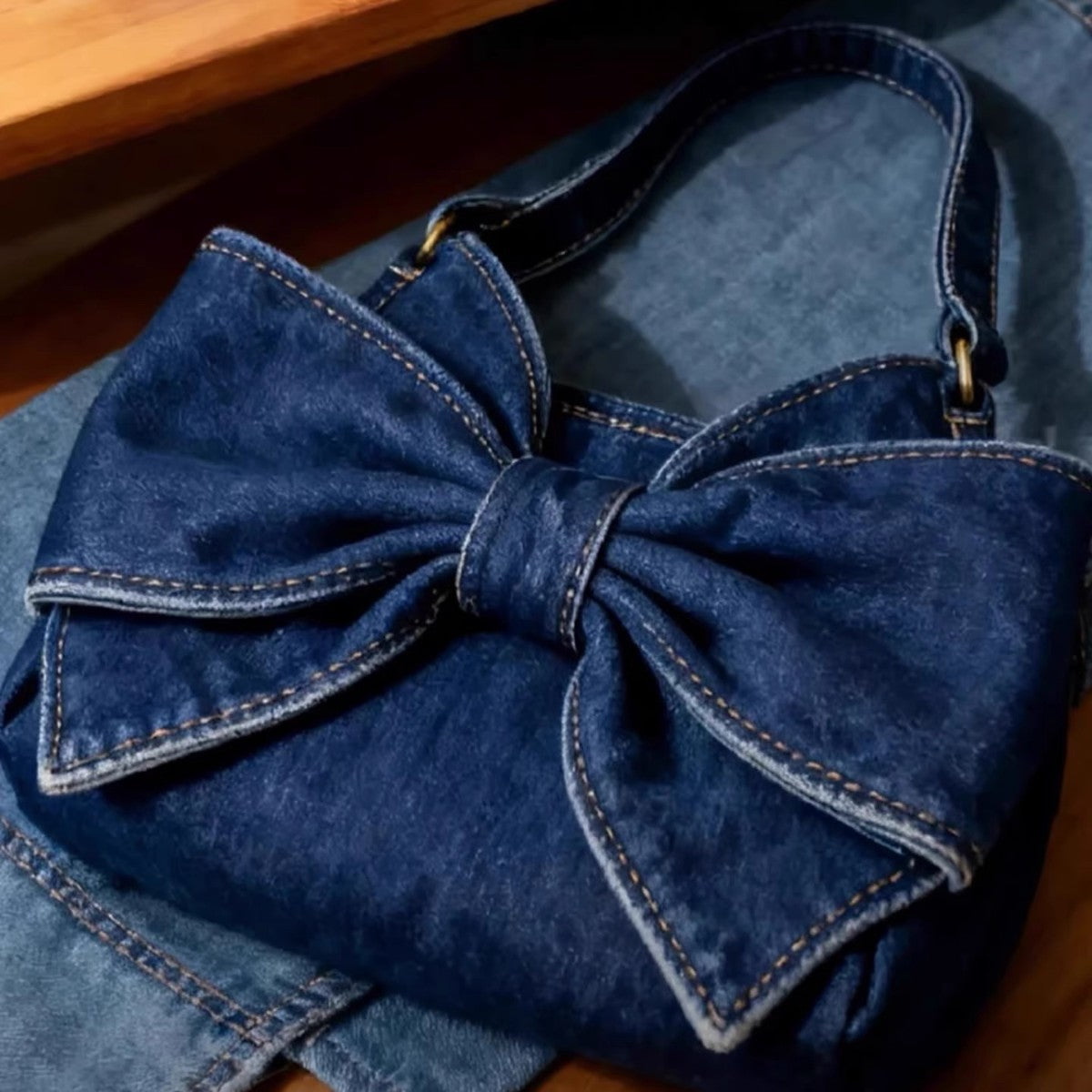 Large-Capacity Denim Crossbody Bag With Bow