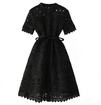 Hollow-Out Elegant Mandarin Collar Dress – Long Sleeve Lace Midi, Short Sleeve Button-Front Tie-Waist Gown