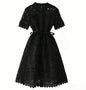 Hollow-Out Elegant Mandarin Collar Dress – Long Sleeve Lace Midi, Short Sleeve Button-Front Tie-Waist Gown