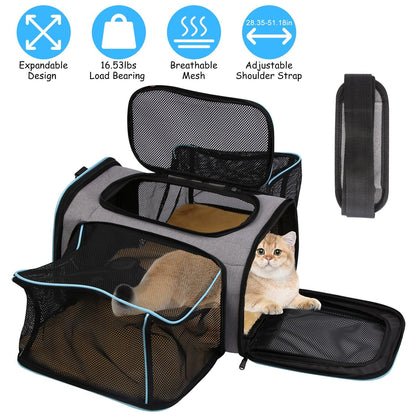 Expandable Pet Carrier Airline Approved Cat Dog Carrier Cat Collapsible Soft CarrierÊBag with Removable Fleece Pad Pockets Breathable Mesh Adjustable