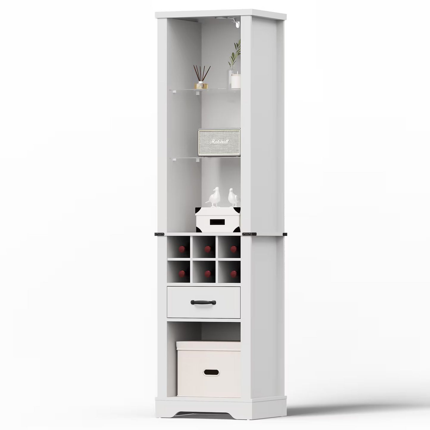 75'' Tall Storage Cabinet with LED Light, Farmhouse Style