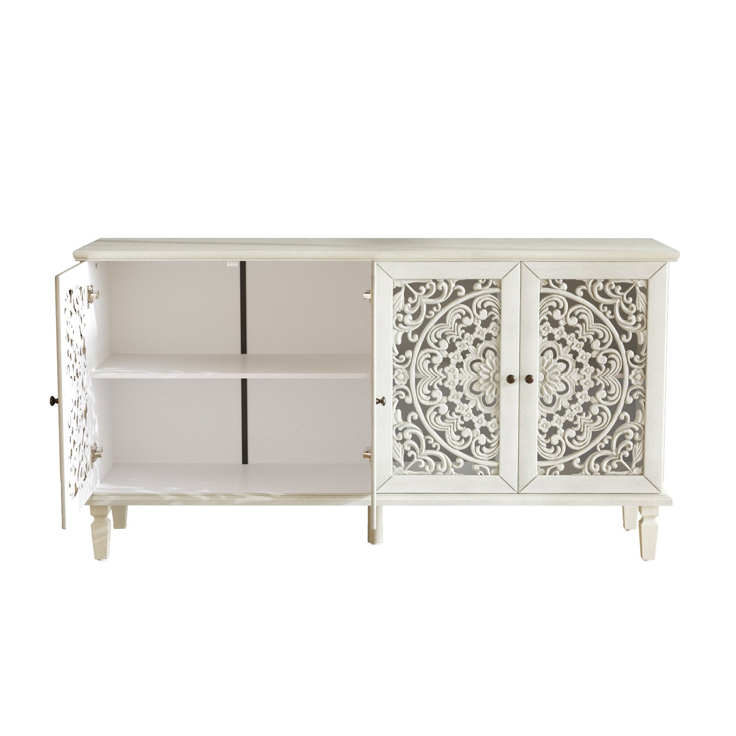 60" Antique Buffet Cabinet with Floral Carvings and Solid Wood Legs