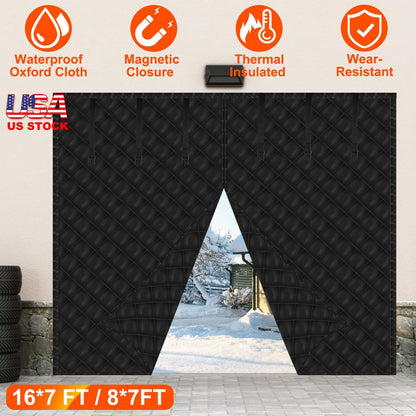 8*7FT Magnetic Thermal Insulated Garage Door Curtain for Winter Singe-Car Garage Screen with Magnetic Closure 6 Roll Up Buckle Straps for One Cars Wea