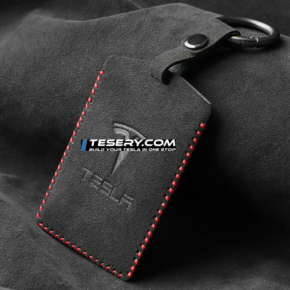 Alcantara Key Card Holder for Model 3/Y | Italian Material | Hook & Keychain | White Stitching